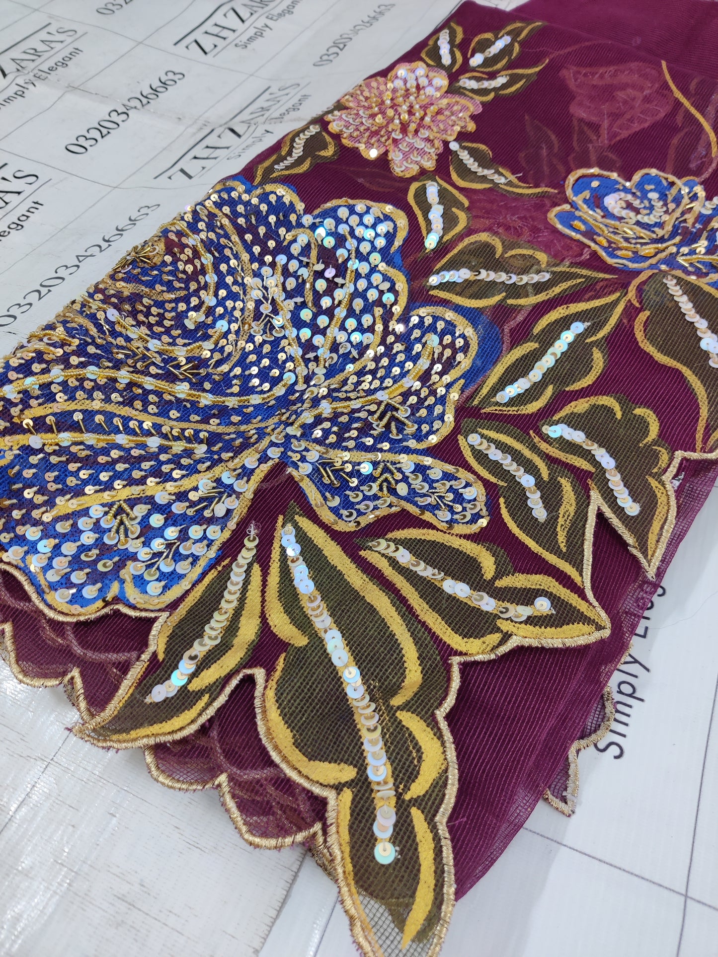 Magenta Hand Embellished Hand painted Cutwork