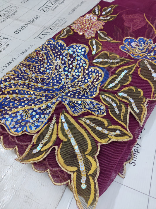 Magenta Hand Embellished Hand painted Cutwork