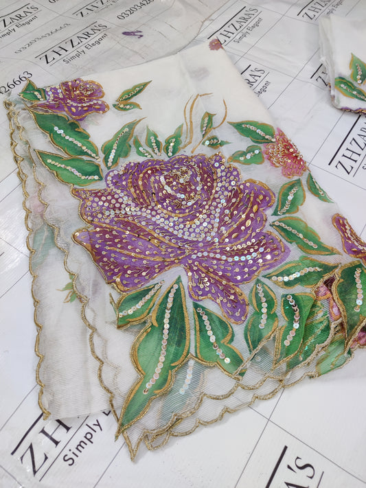 Pearl White Hand Embellished Hand painted Cutwork