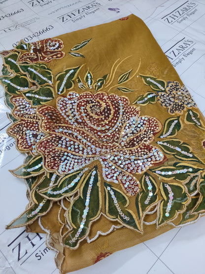 Mustard Hand Embellished Hand painted Cutwork