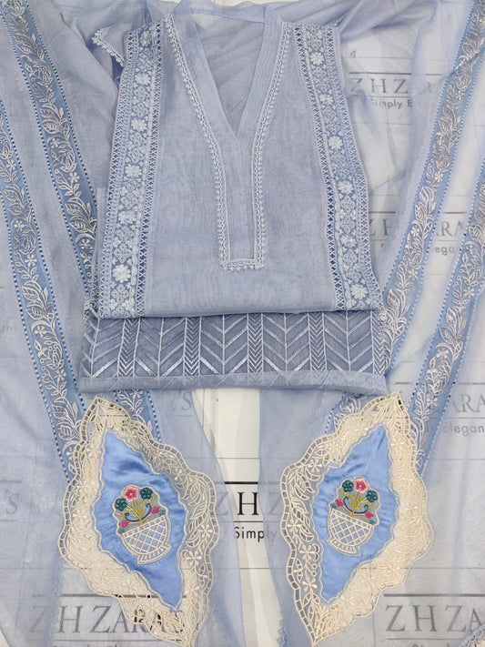 Cutwork Silk Applique Ice Blue 2pc