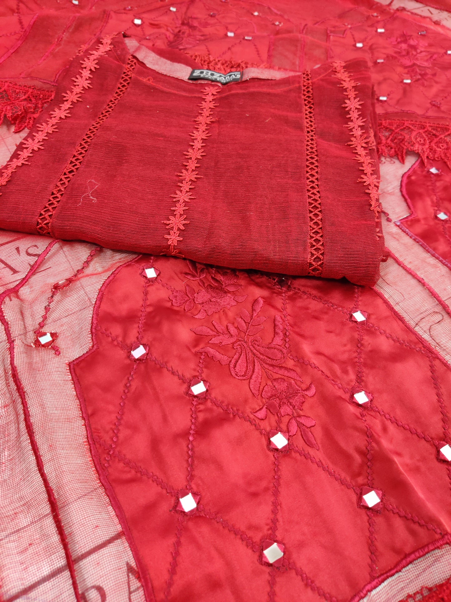 Silk Applique Pishwas Redish Maroon 3pc