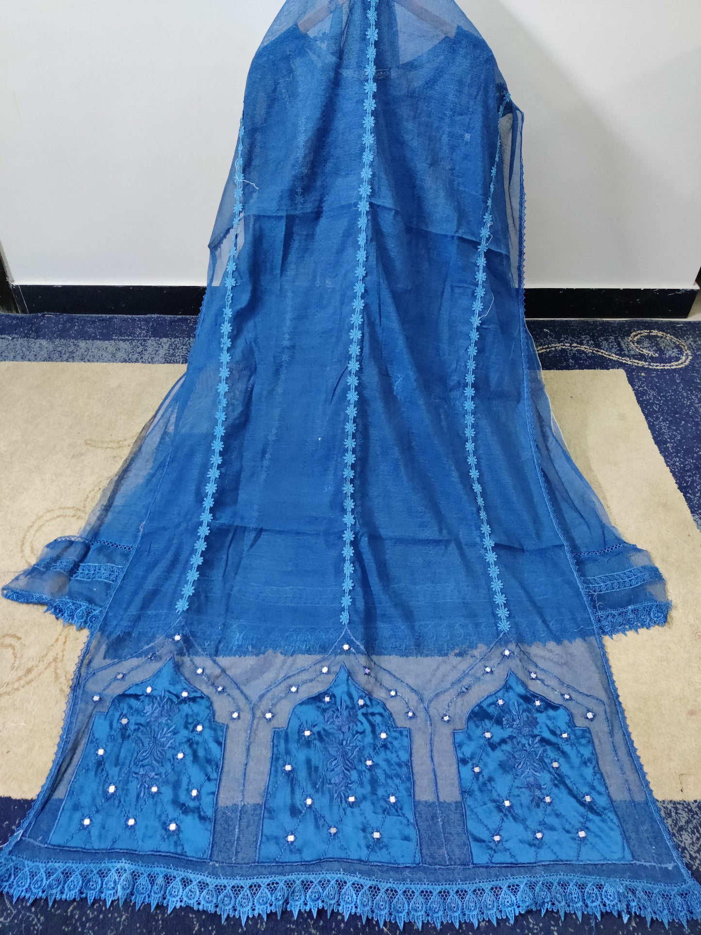 Silk Applique Pishwas Peacock Blue 3pc