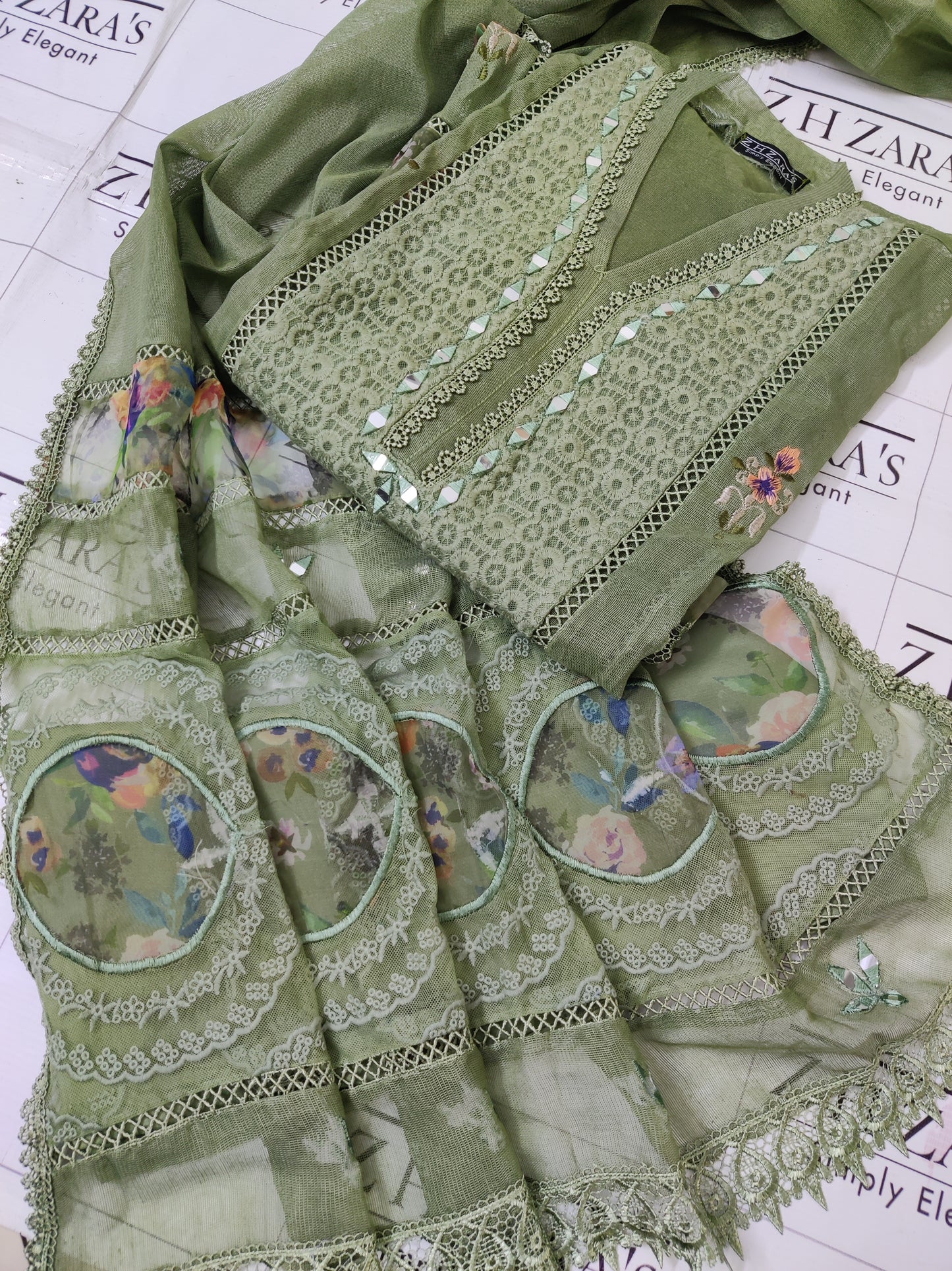 Olive Green Organza Applique Cutwork 3pc