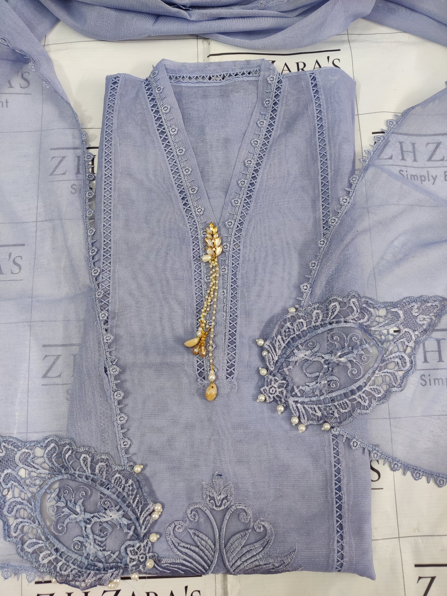 Ocean Blue Tassel Cutwork 2pc