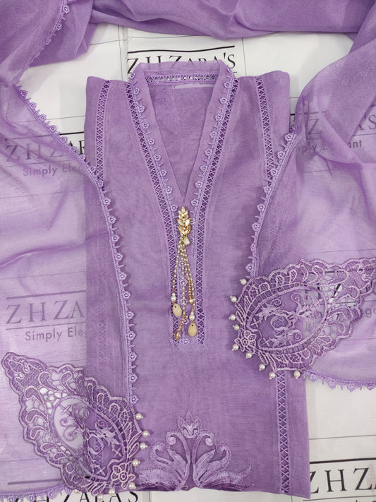 Lilac Purple Tassel Cutwork 2pc