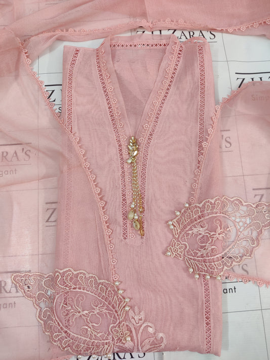 Peachy Pink Tassel Cutwork 2pc