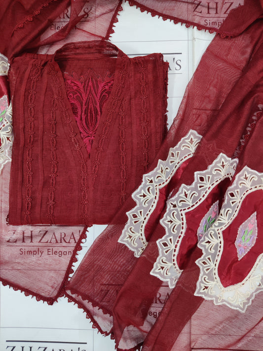 Maroon Cutwork Silk Applique 2pc