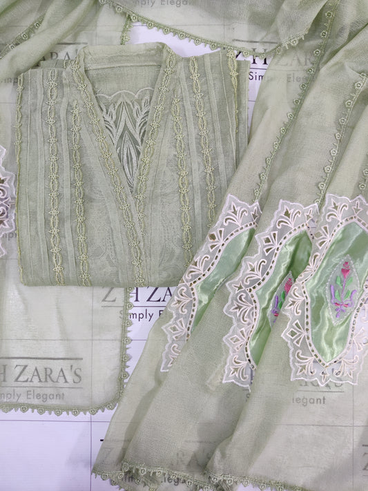 Olive Mint Green Cutwork Silk Applique 2pc