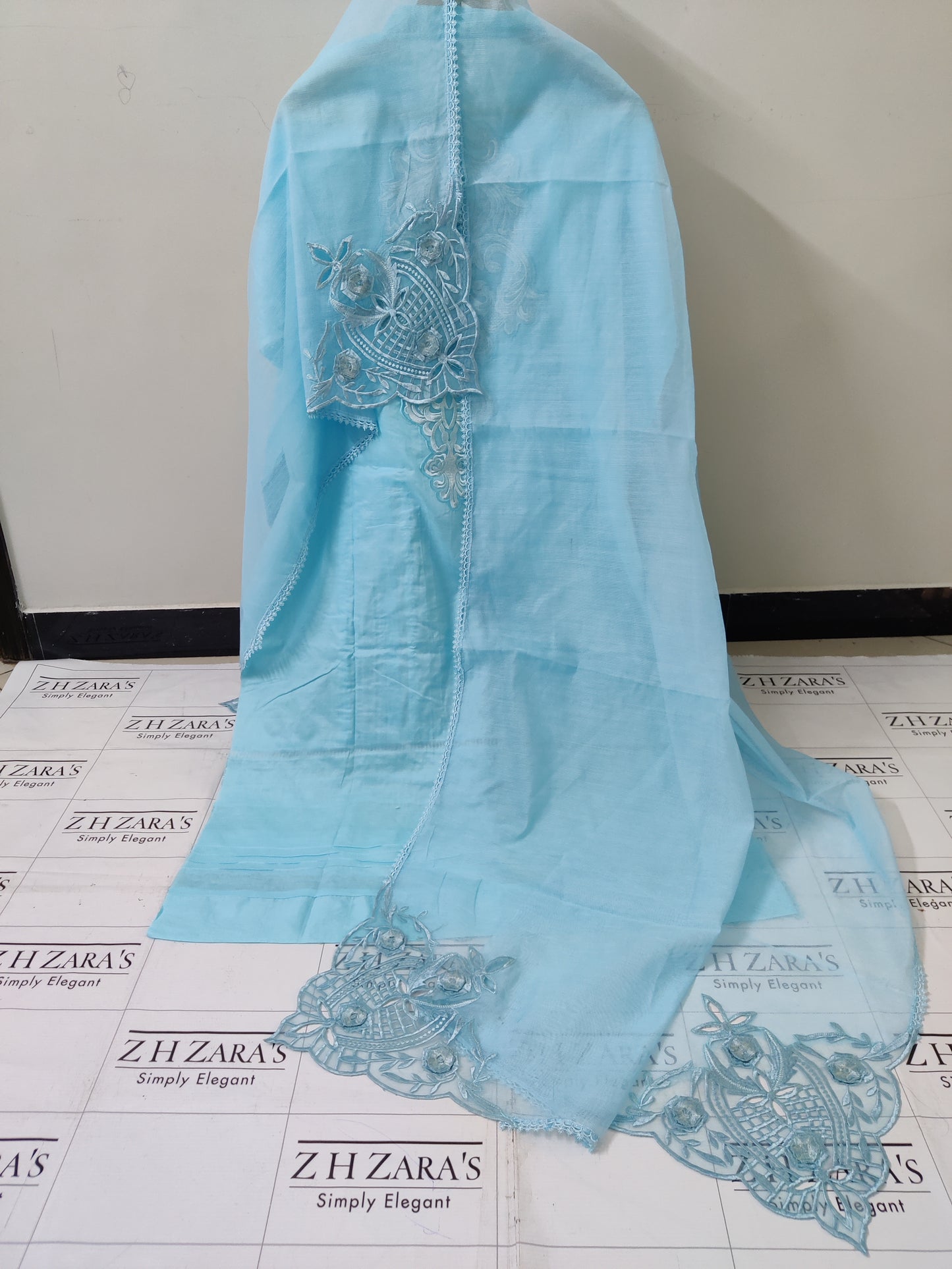 Sky Blue Lawn 3d Cutwork Daman 3pc