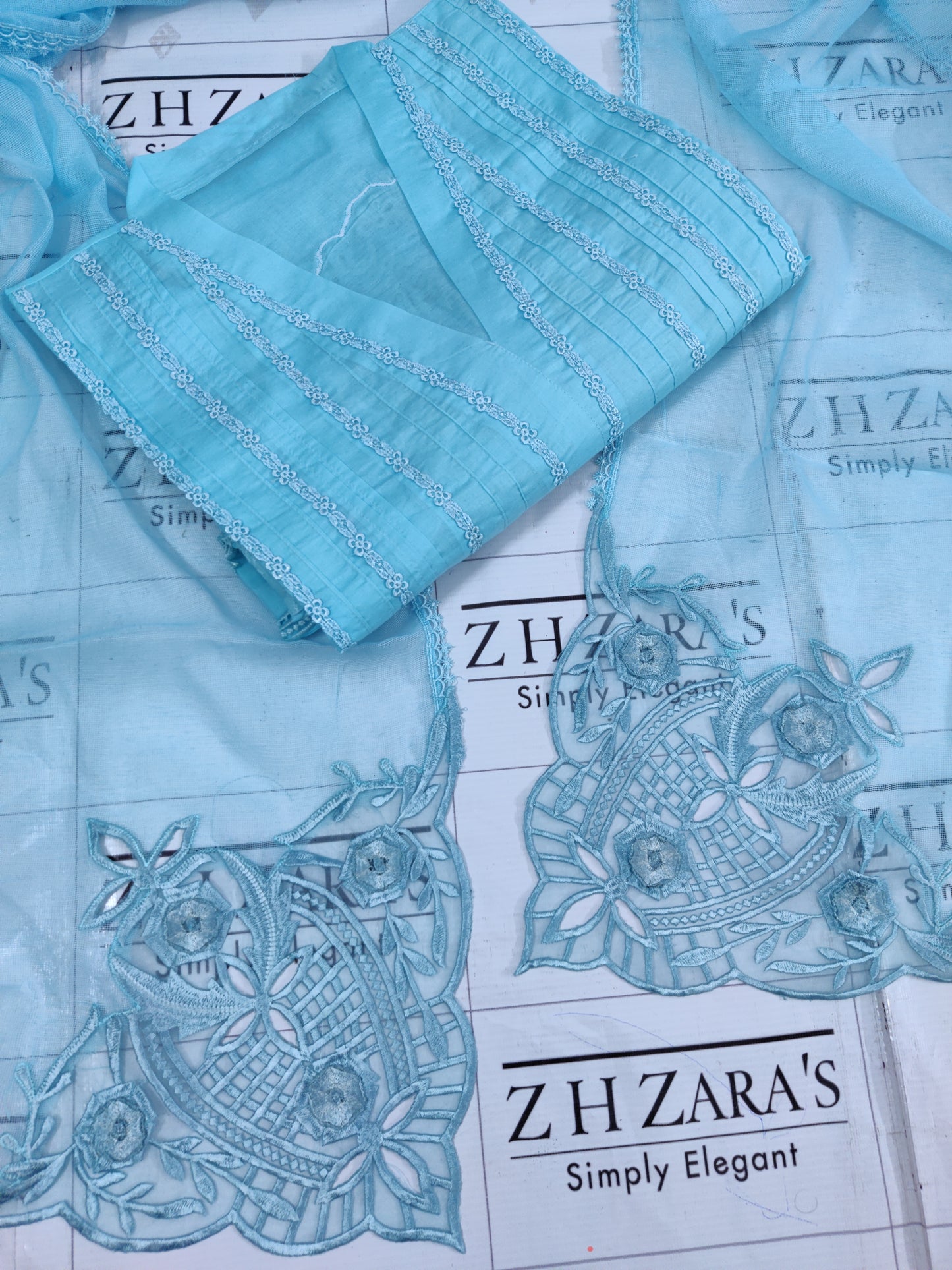 Sky Blue Lawn 3d Cutwork Daman 3pc