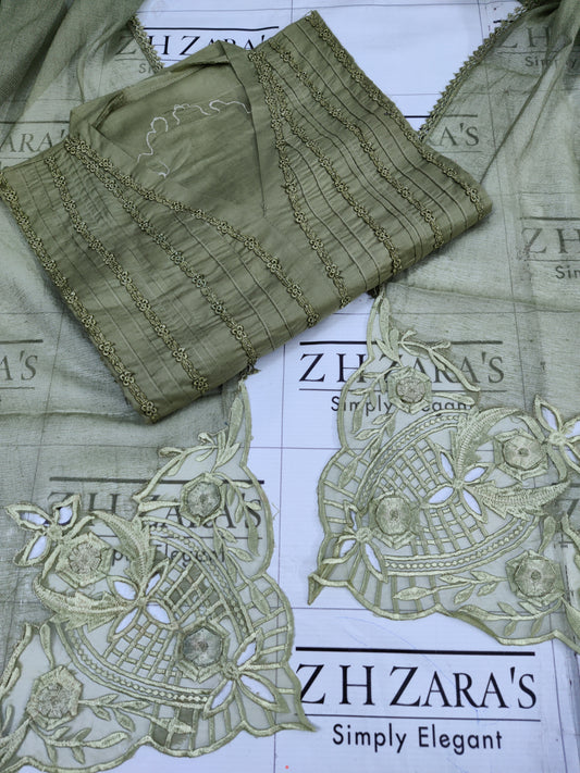 Olive Green 3d Cutwork Daman 3pc