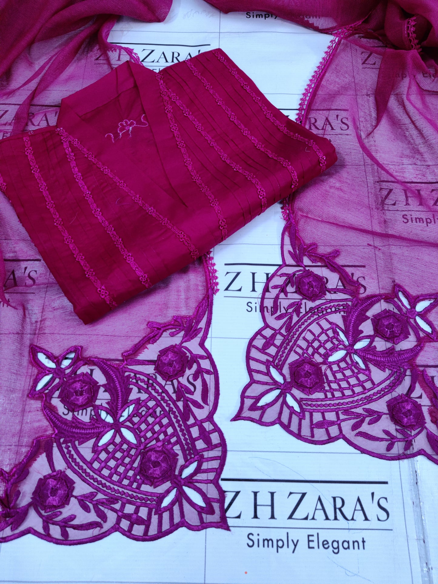 Hot Pink Lawn 3d Cutwork Daman 3pc