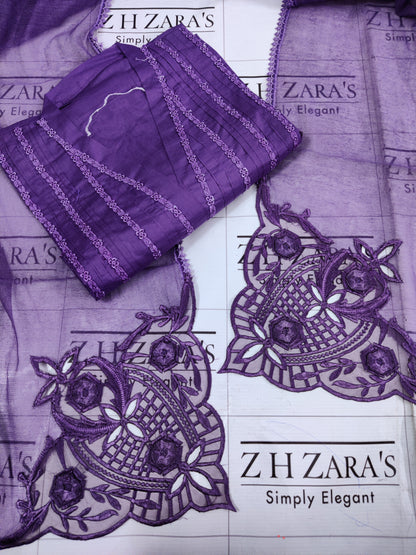 Purple Lawn 3d Cutwork Daman 3pc