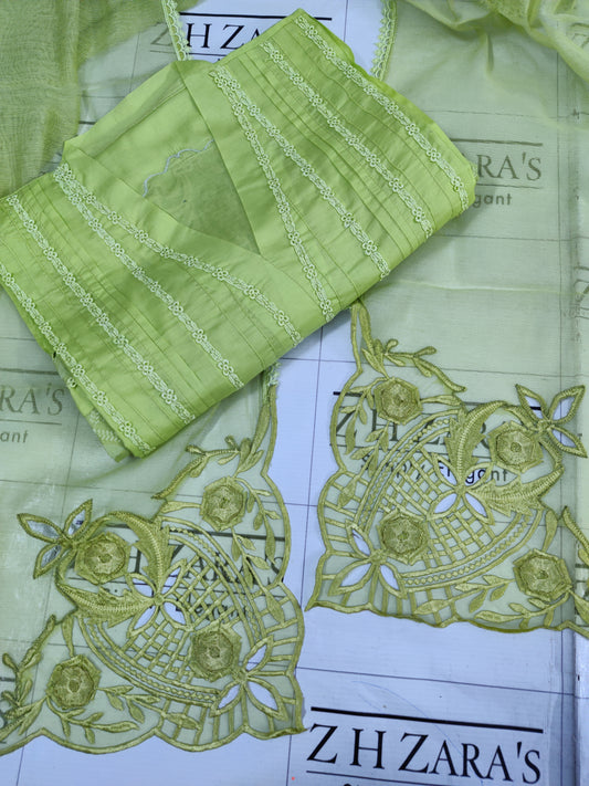 Neon Green Lawn 3d Cutwork Daman 3pc