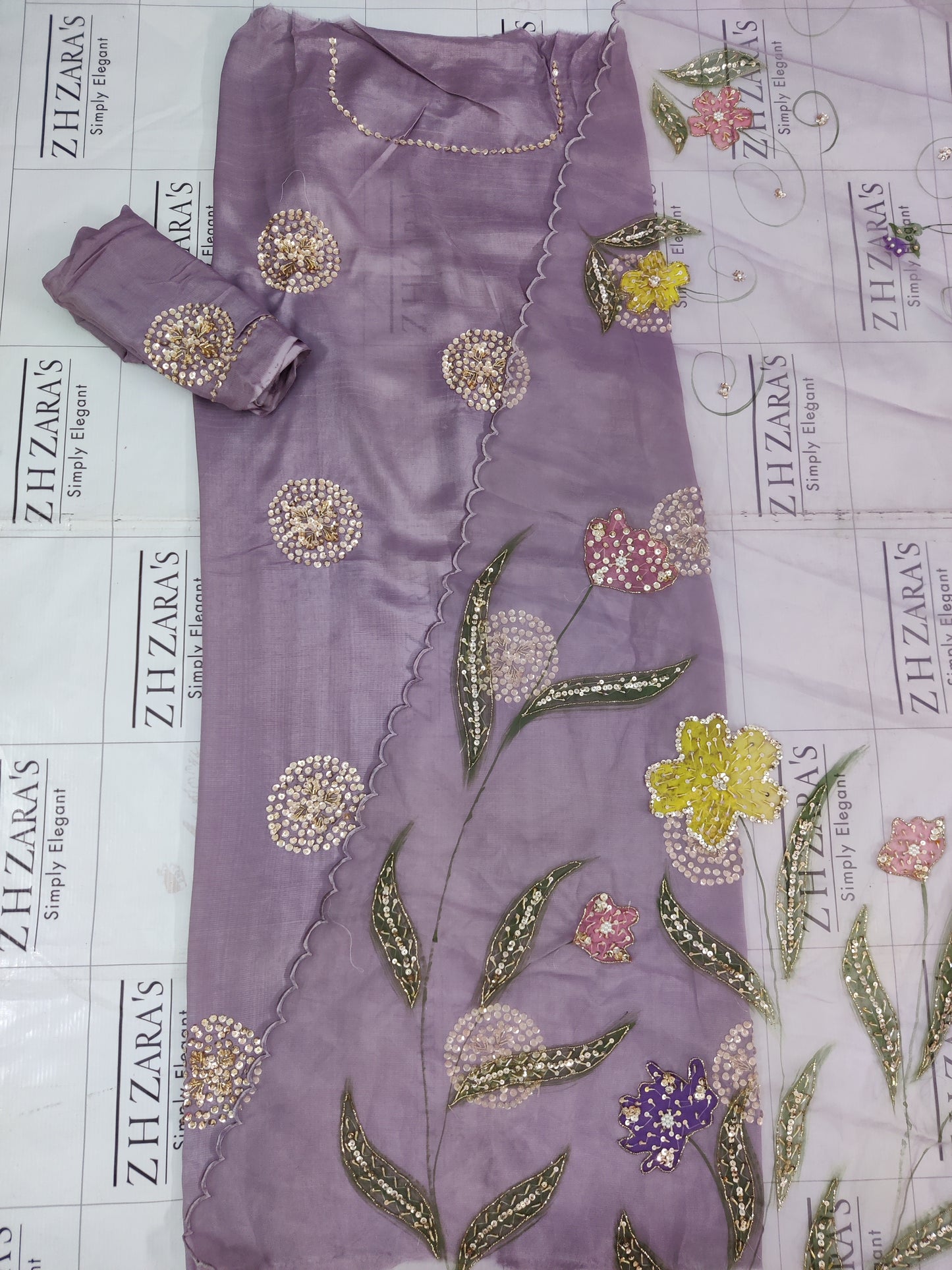 Lavender V2 Hand Embellished Hand Painted Cutwork 3pc