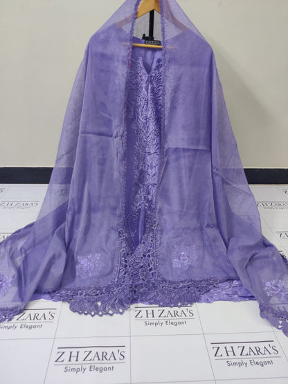 Lavender Purple Rawsilk Embroidery Cutwork 3pc