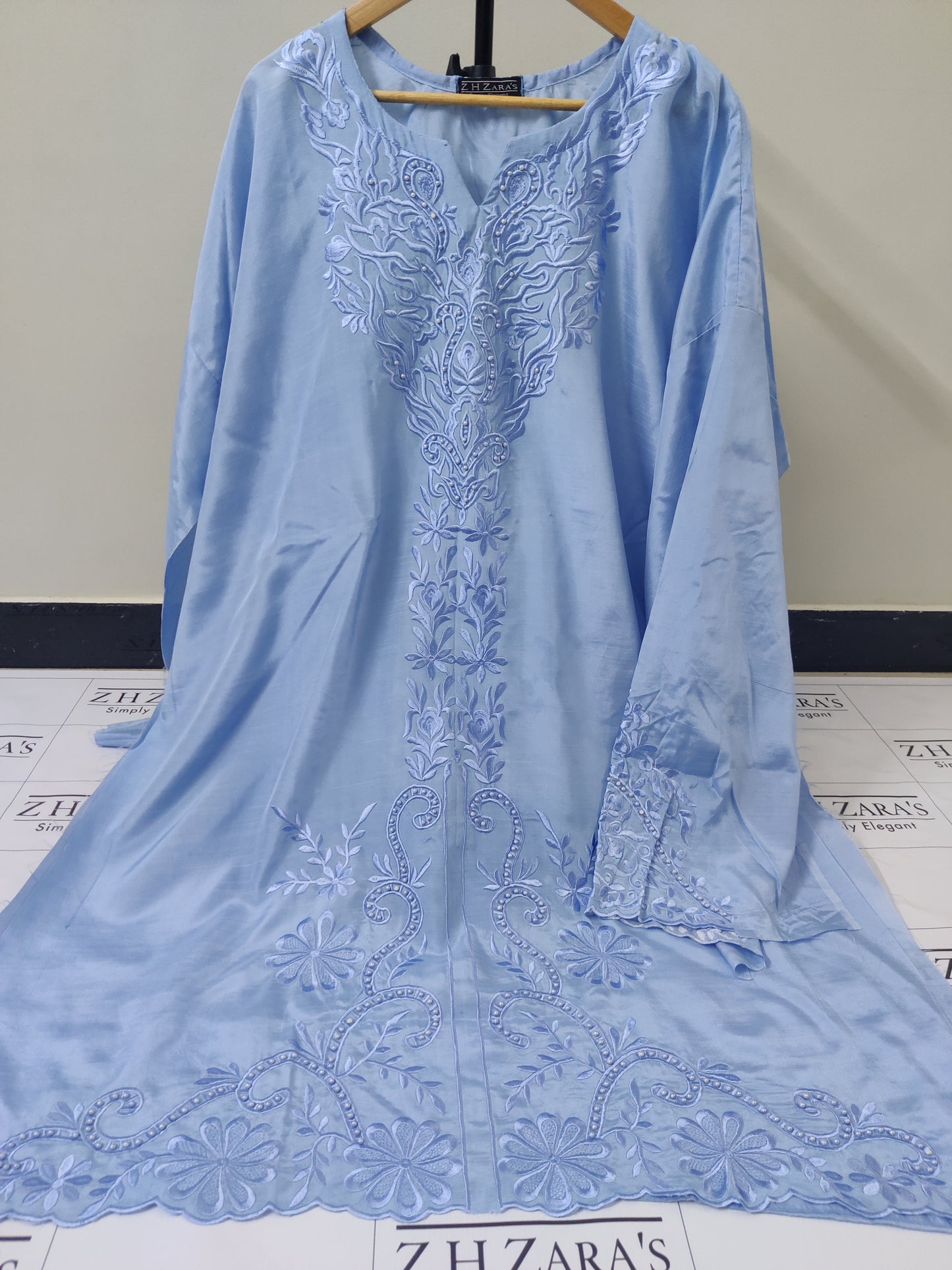 Ice Blue Rawsilk Embroidery Cutwork 3pc