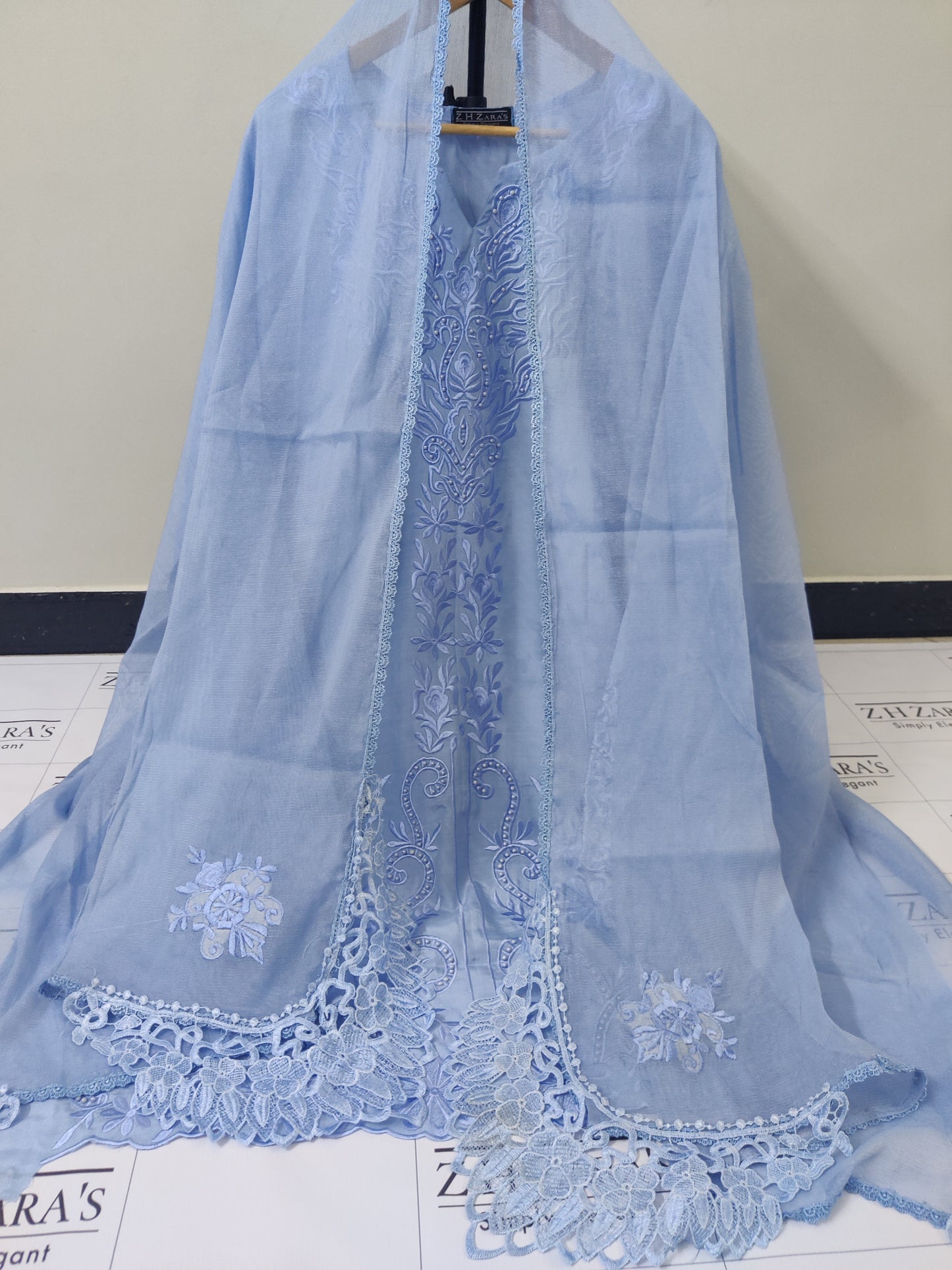 Ice Blue Rawsilk Embroidery Cutwork 3pc