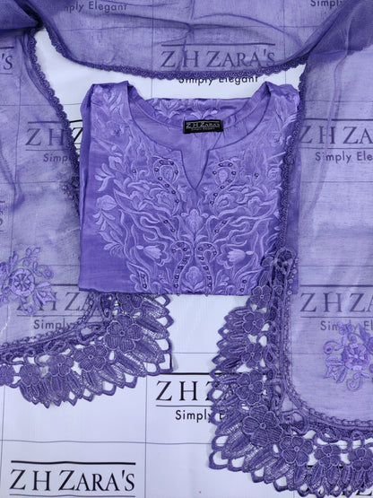 Lavender Purple Rawsilk Embroidery Cutwork 3pc