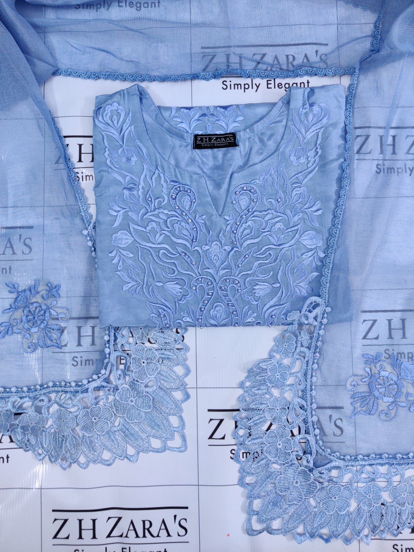 Ice Blue Rawsilk Embroidery Cutwork 3pc