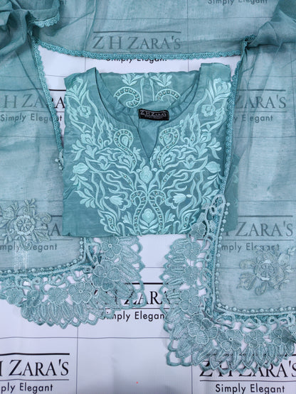 Aqua Rawsilk Embroidery Cutwork 3pc