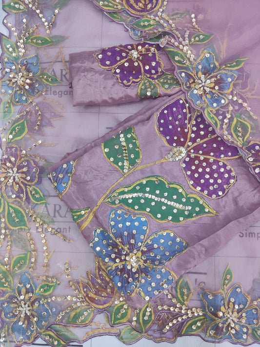 Lavender Embellished Hand Painted Cutwork 3pc