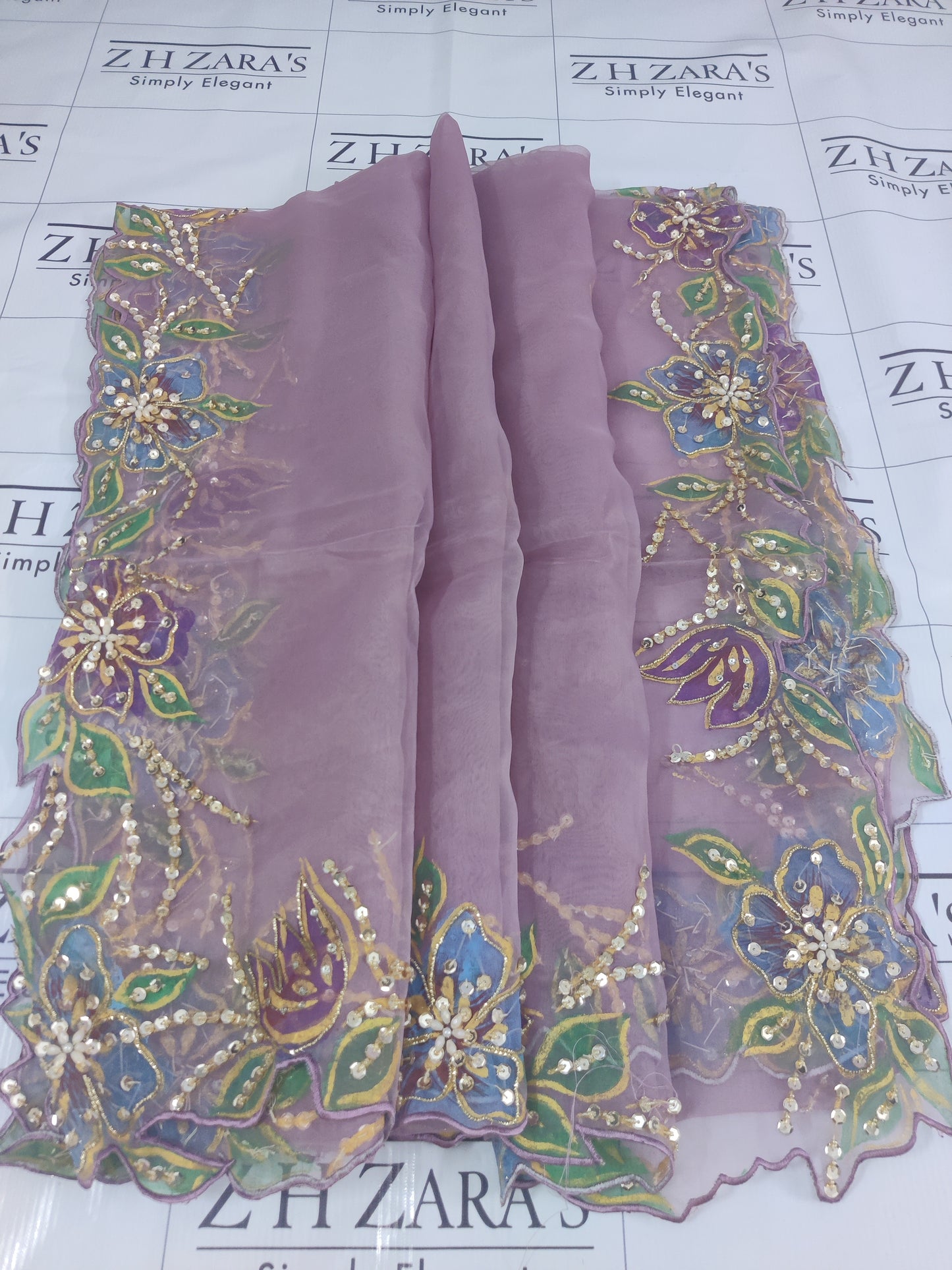 Lavender Embellished Hand Painted Cutwork 3pc