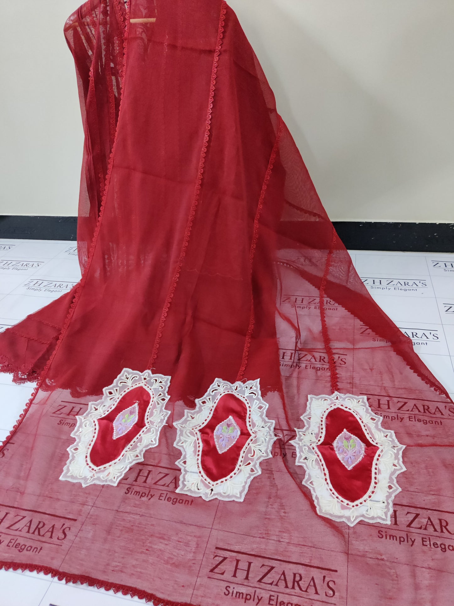 Deep Red Cutwork Silk Applique 2pc