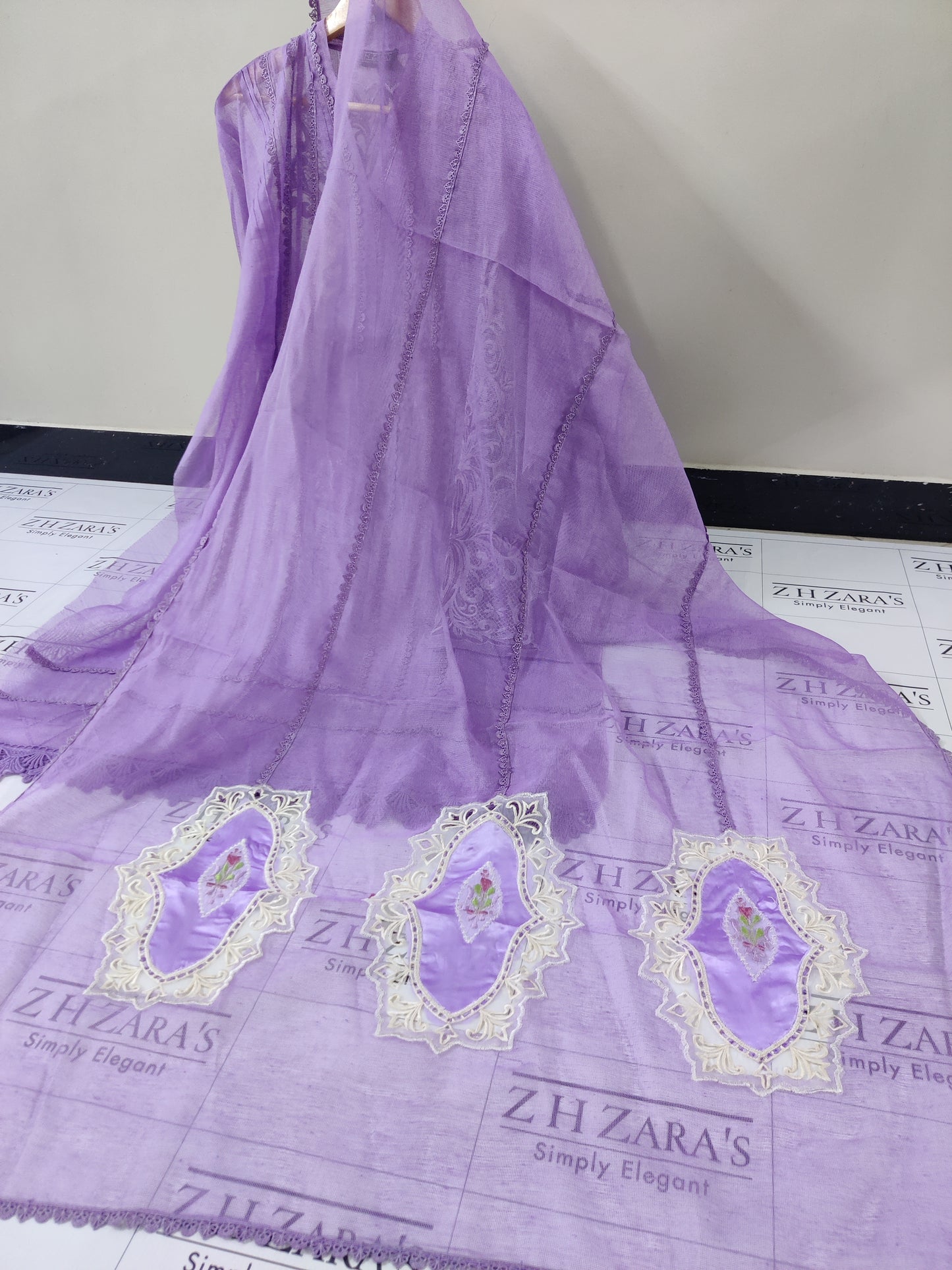 Lilac Purple Cutwork Silk Applique 2pc