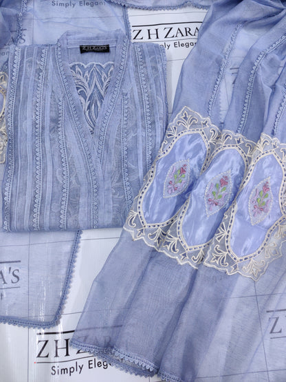 Ice Blue Cutwork Silk Applique 2pc