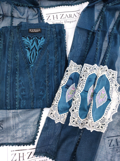 Peacock Blue Cutwork Silk Applique 2pc