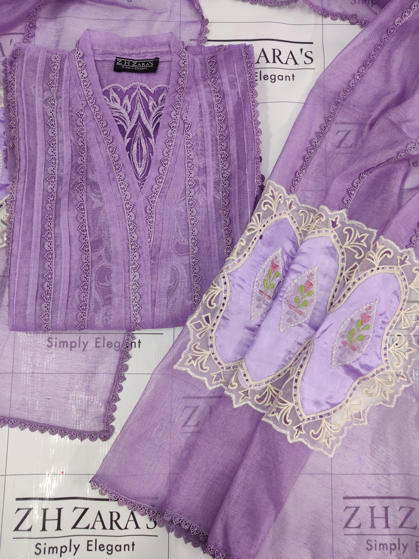 Lilac Purple Cutwork Silk Applique 2pc