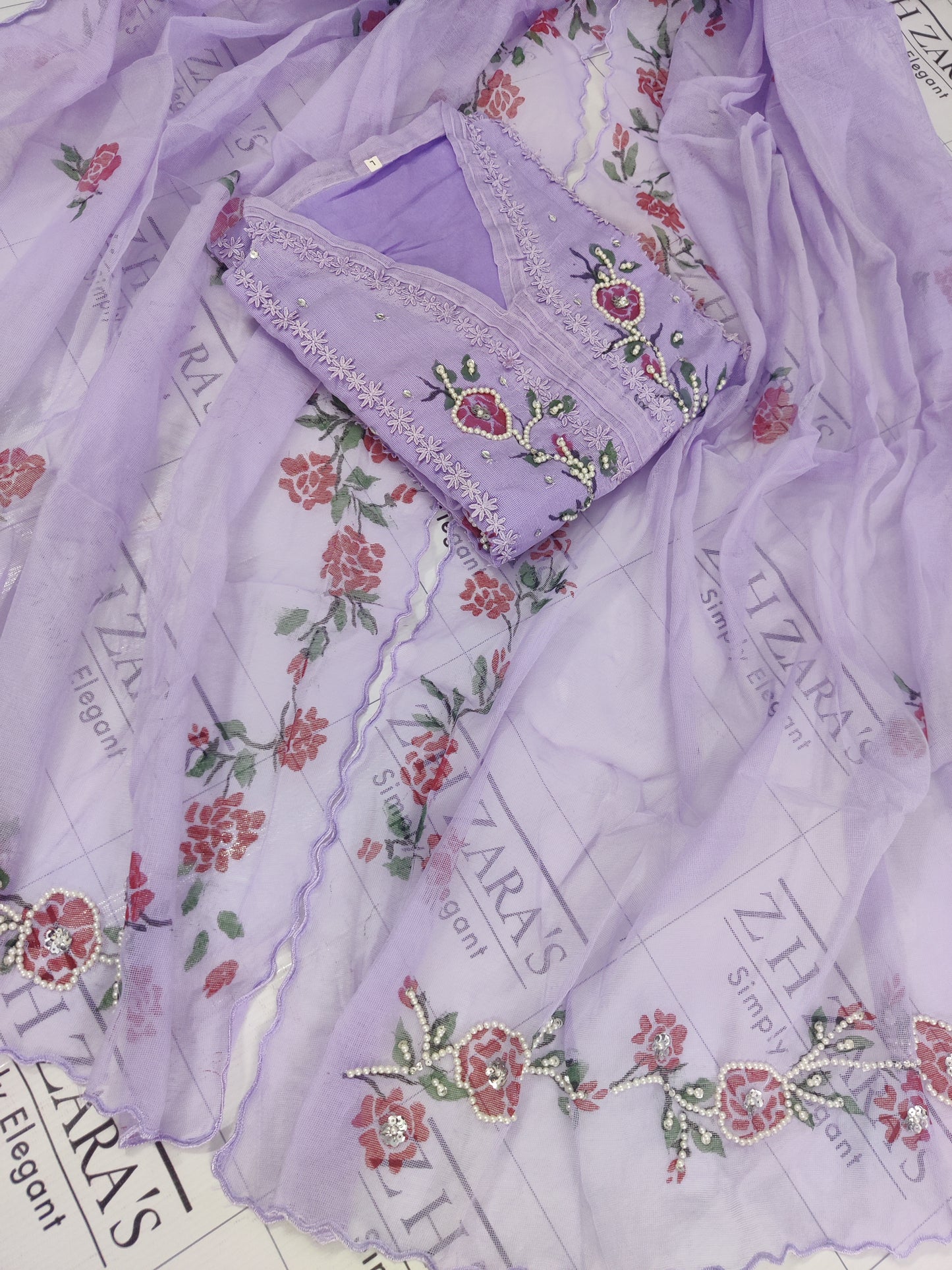 Floral Lilac Purple Hand Painted Stitched 2pc