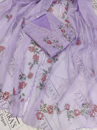 Floral Lilac Purple Hand Painted Stitched 2pc