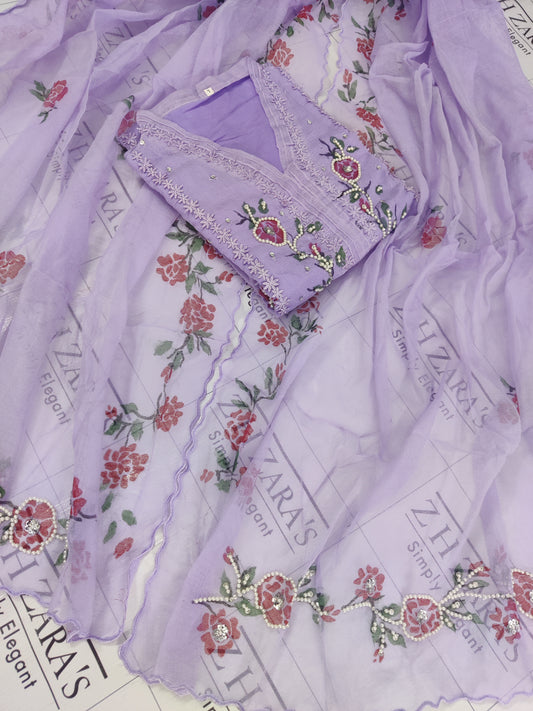 Floral Lilac Purple Hand Painted Stitched 2pc