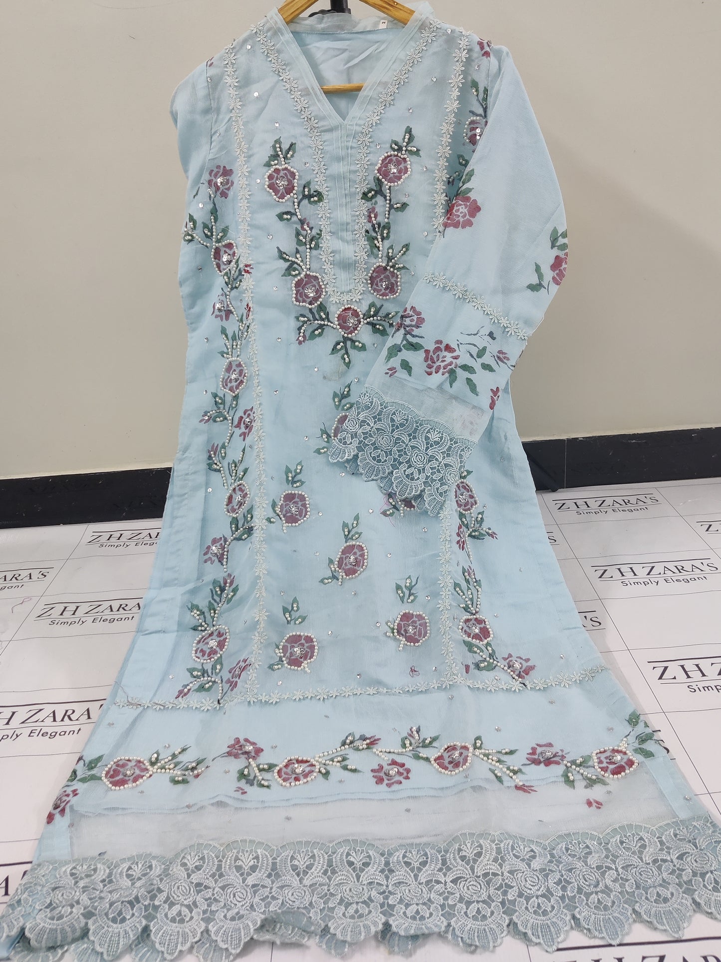 Floral Ice Blue Hand Painted Stitched 2pc