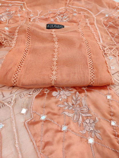 Silk Applique Pishwas Peach 3pc