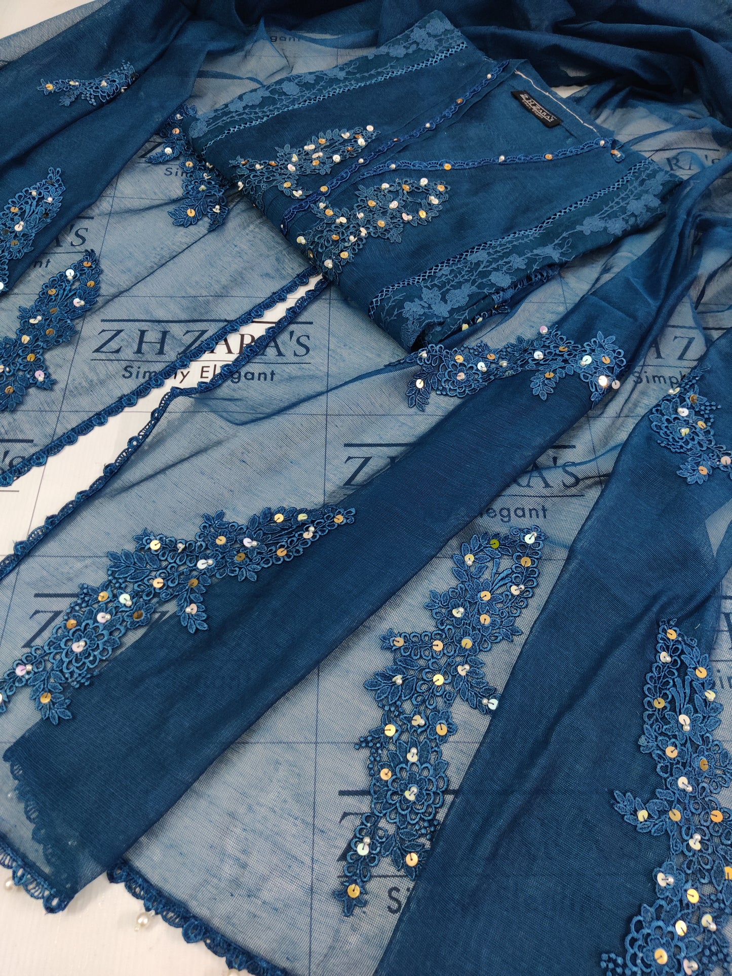 Peacock Blue V2 Cutwork Handwork 2pc