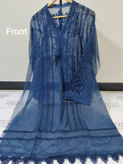 Peacock Blue Cutwork Silk Applique 2pc