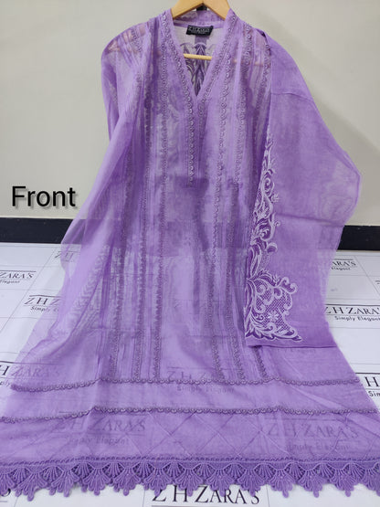 Lilac Purple Cutwork Silk Applique 2pc