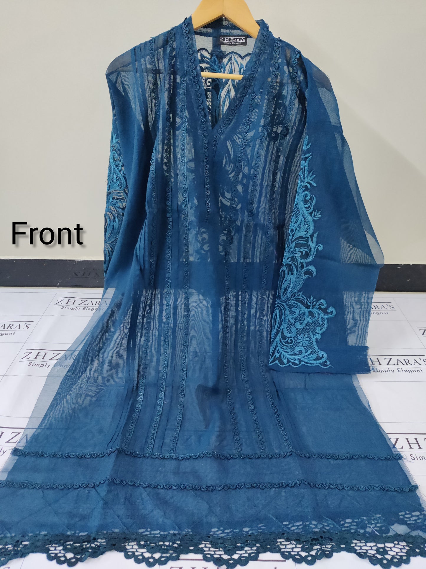 Peacock Blue Cutwork Silk Applique 2pc