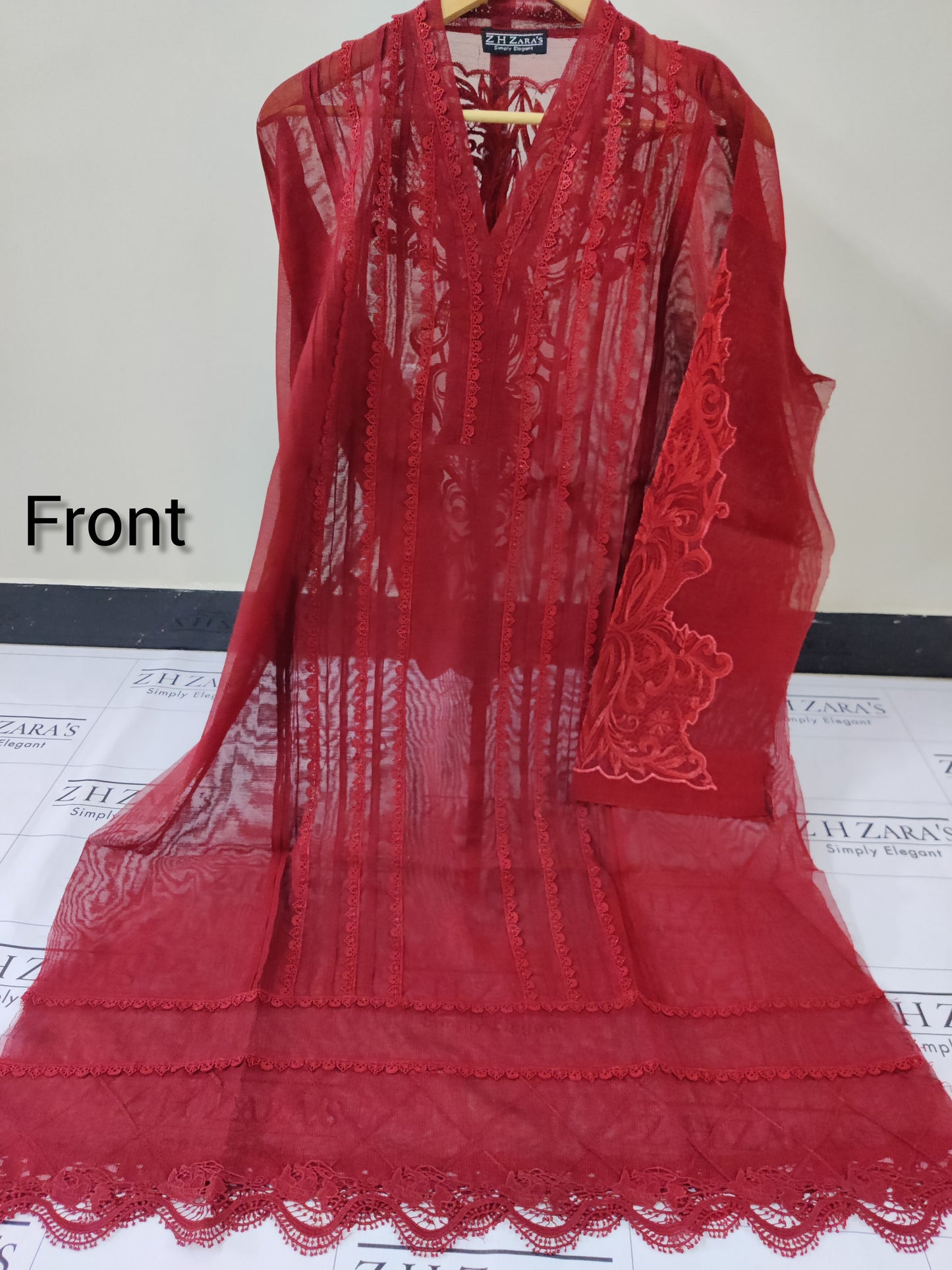 Deep Red Cutwork Silk Applique 2pc