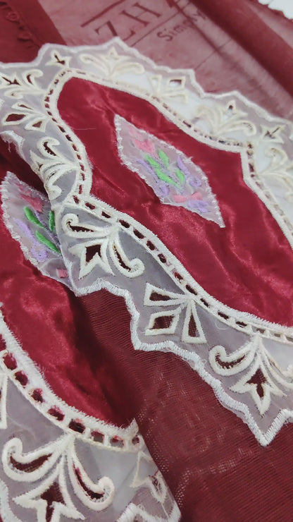 Deep Red Cutwork Silk Applique 2pc