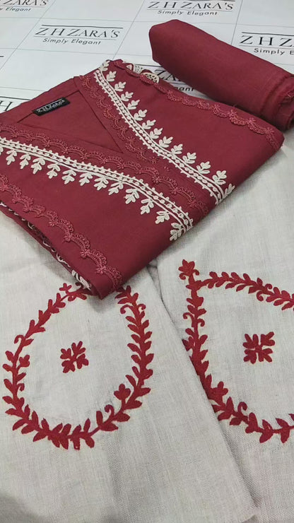 Khaddar Pashmina Maroon 3pc