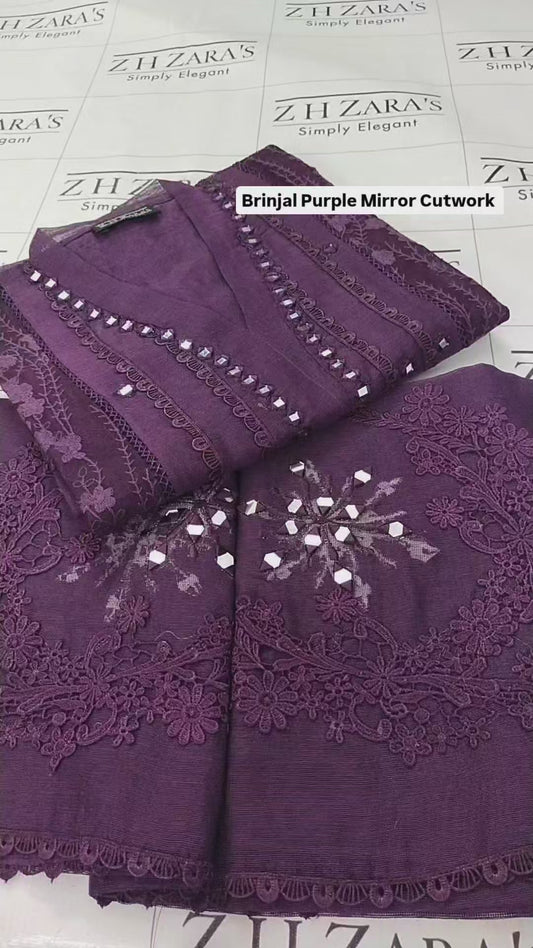 Brinjal Purple Mirror Cutwork 2pc