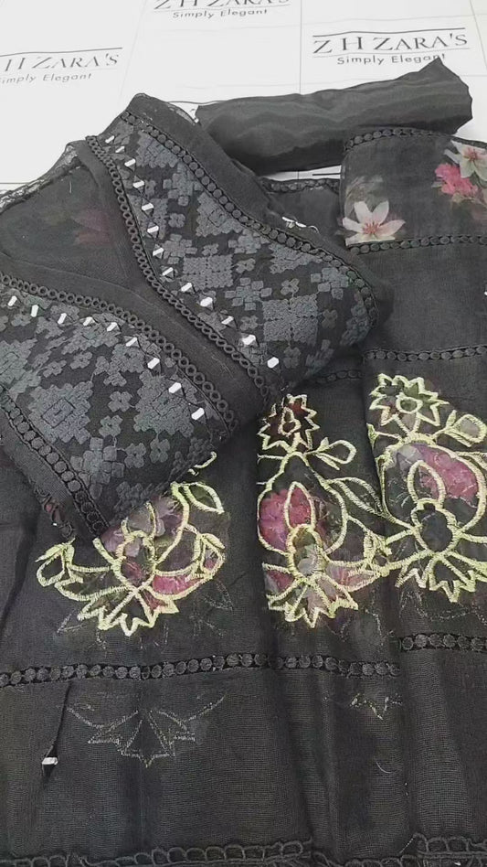 Black Organza Applique Cutwork 3pc