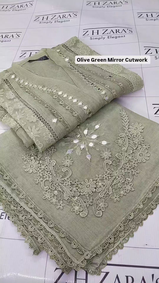 Olive Green Mirror Cutwork 2pc