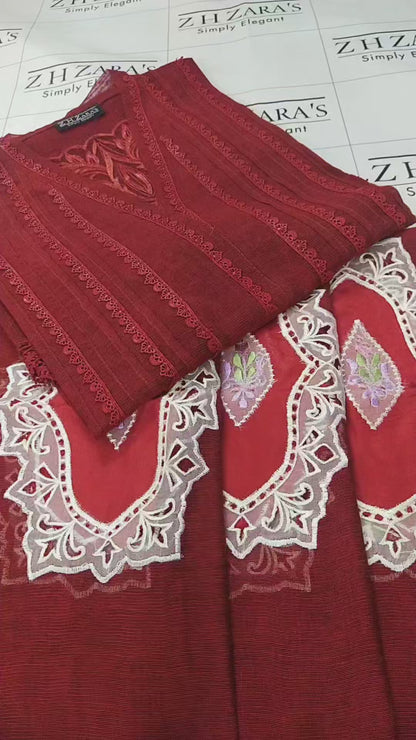 Deep Red Cutwork Silk Applique 2pc