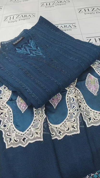 Peacock Blue Cutwork Silk Applique 2pc